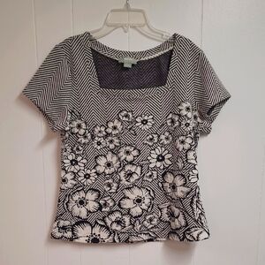 Anthropologie Maeve Hellebore Square Neck Black/White Floral/Stripe Top Size L